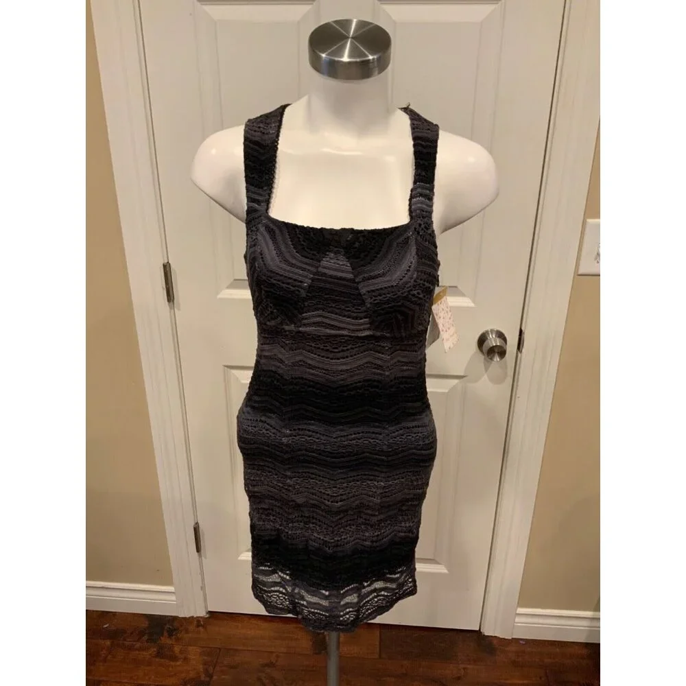 Free People Black Charcoal Gray Eyelet Lace Sheath Dress, Size 0, NWT!